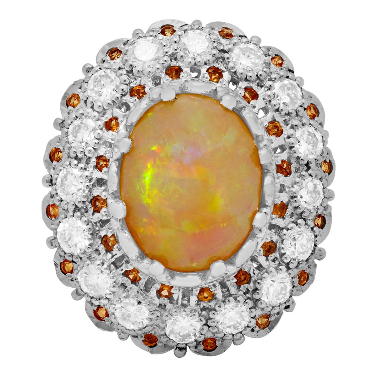 14k White Gold 7.09ct White Opal 0.48ct Orange Sapphire 2.21ct Diamond Ring