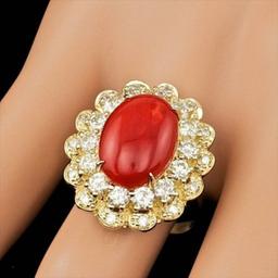 14K Yellow Gold 5.09ct Coral and 1.78ct Diamond Ring