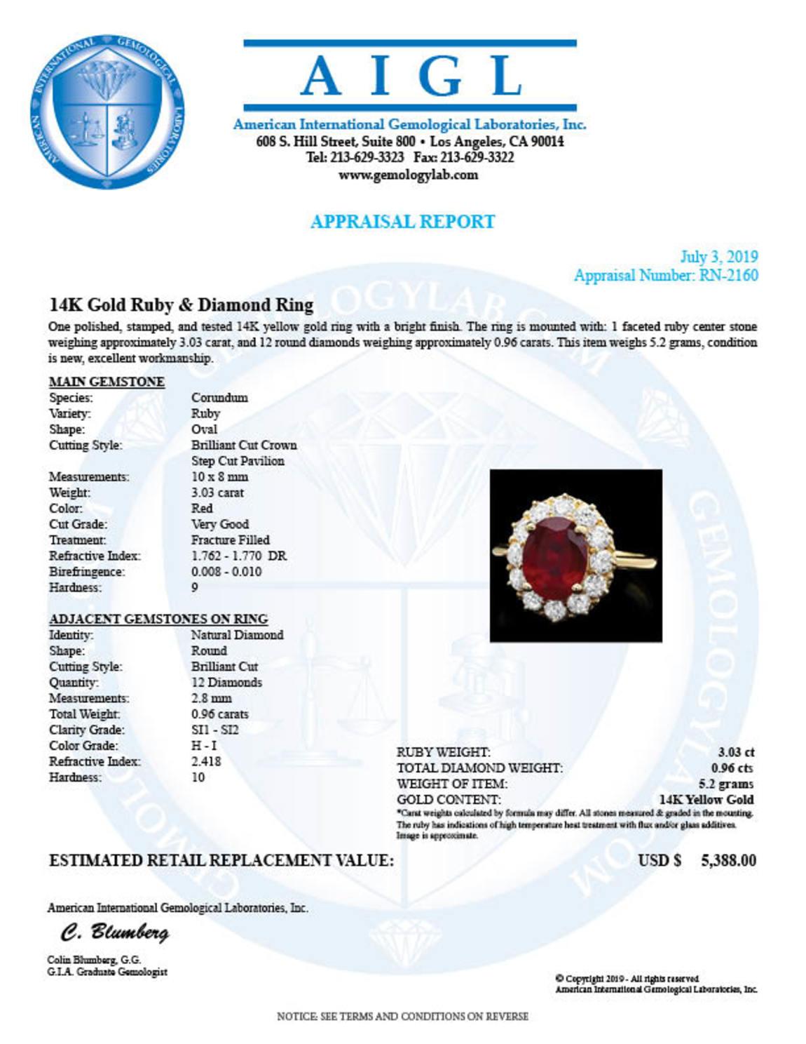 14K Yellow Gold 3.03ct Ruby and 0.96ct Diamond Ring