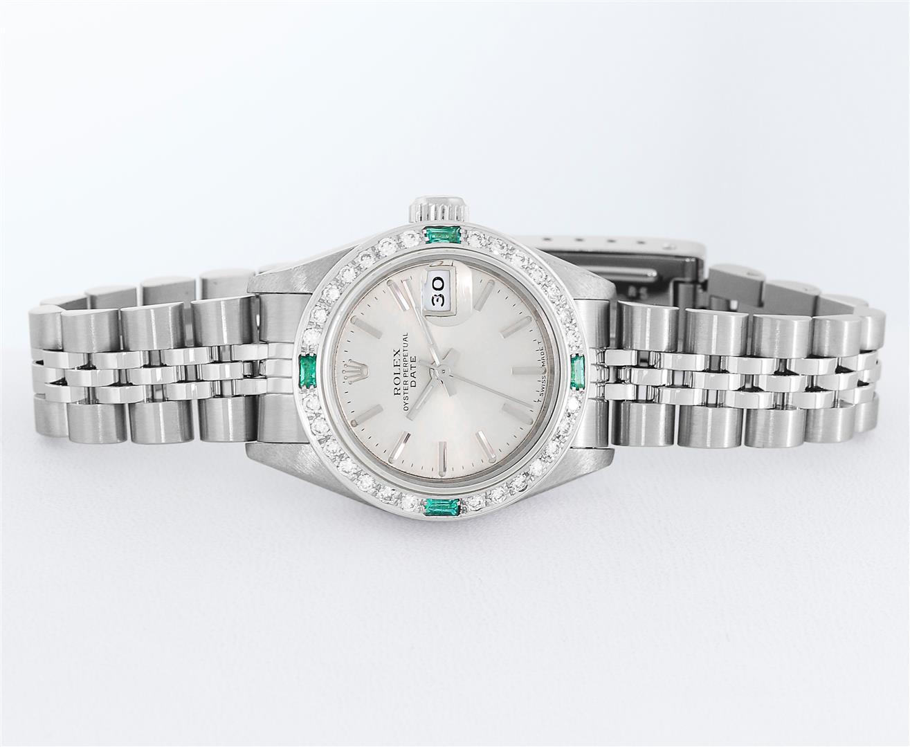 Rolex Ladies Quickset Stainless Steel 18K White Gold Diamond & Emerald Bezel Sil