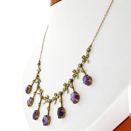 Rare Antique Victorian 14K Gold 14 ctw Oval Amethyst Pearl Fringe Collier Neckla
