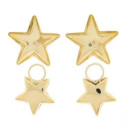 Estate 18k Yellow Gold Puffed & Polished Dual Star Drop Dangle Enhancer Earrings