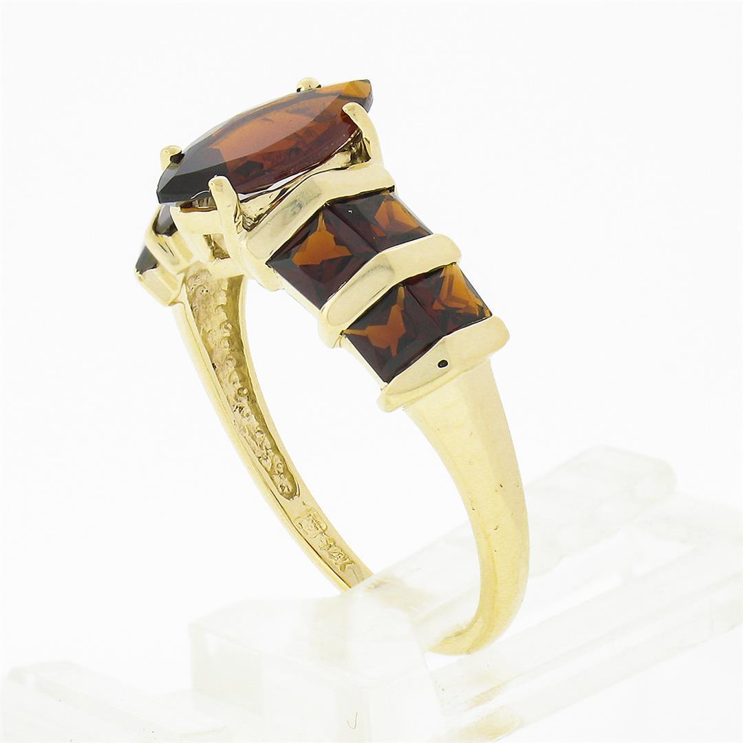 14K Yellow Gold Garnet Marquise Solitaire w/ Square Faceted Channel Band Ring