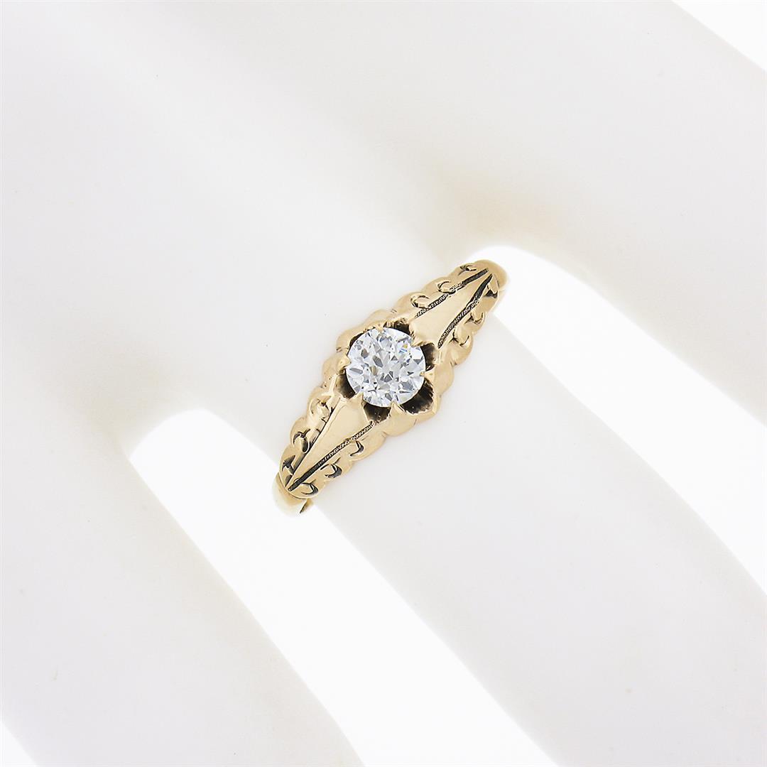 Antique 14k Gold 0.30 ctw Old European Diamond Engagement Ring w/ Repousse Sides
