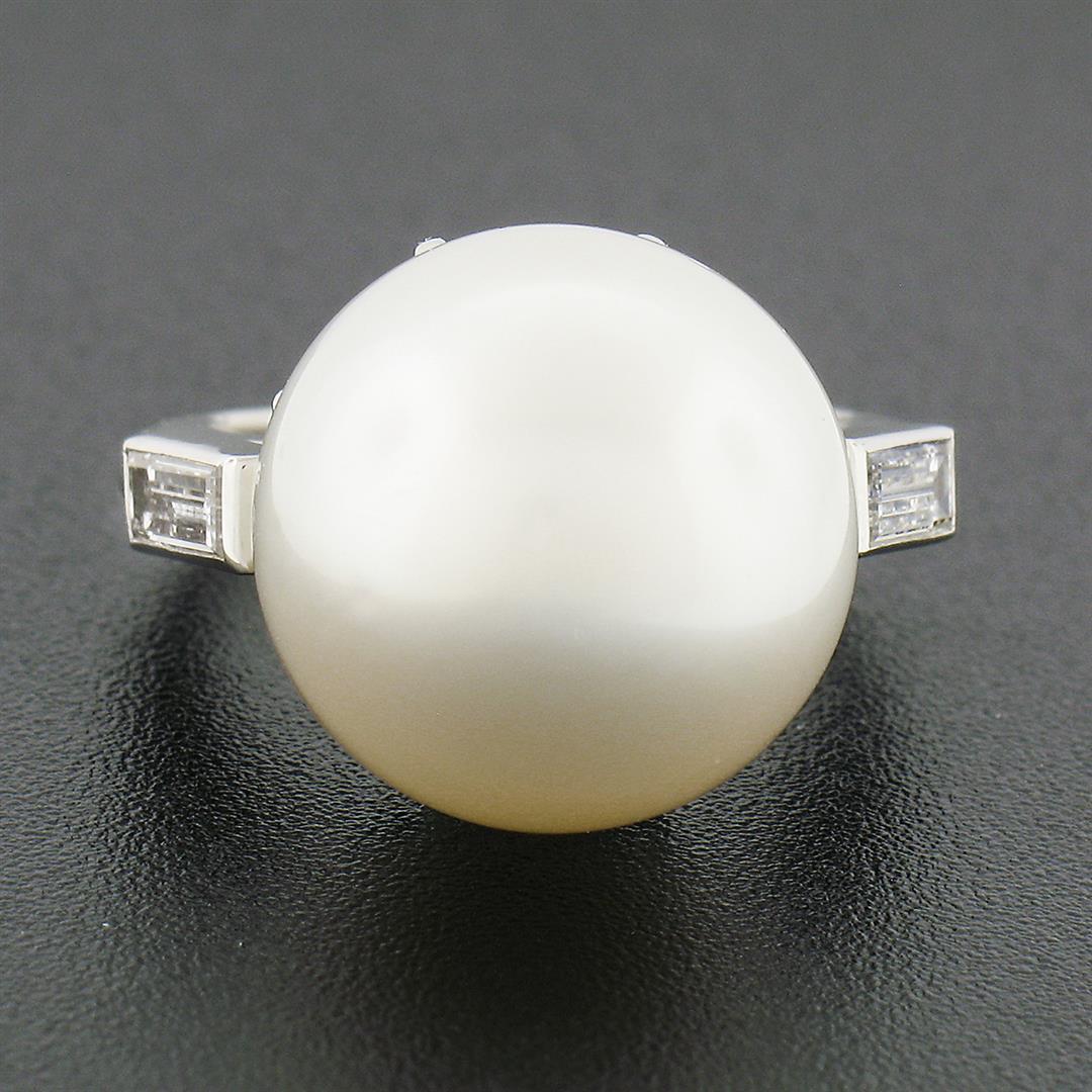 Vintage Platinum GIA 14mm Saltwater White Pearl Solitaire Baguette Diamond Ring