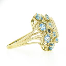 10k Yellow Gold Large Oval Round Blue Stone Open Work Domed Tiered Cluster Ring