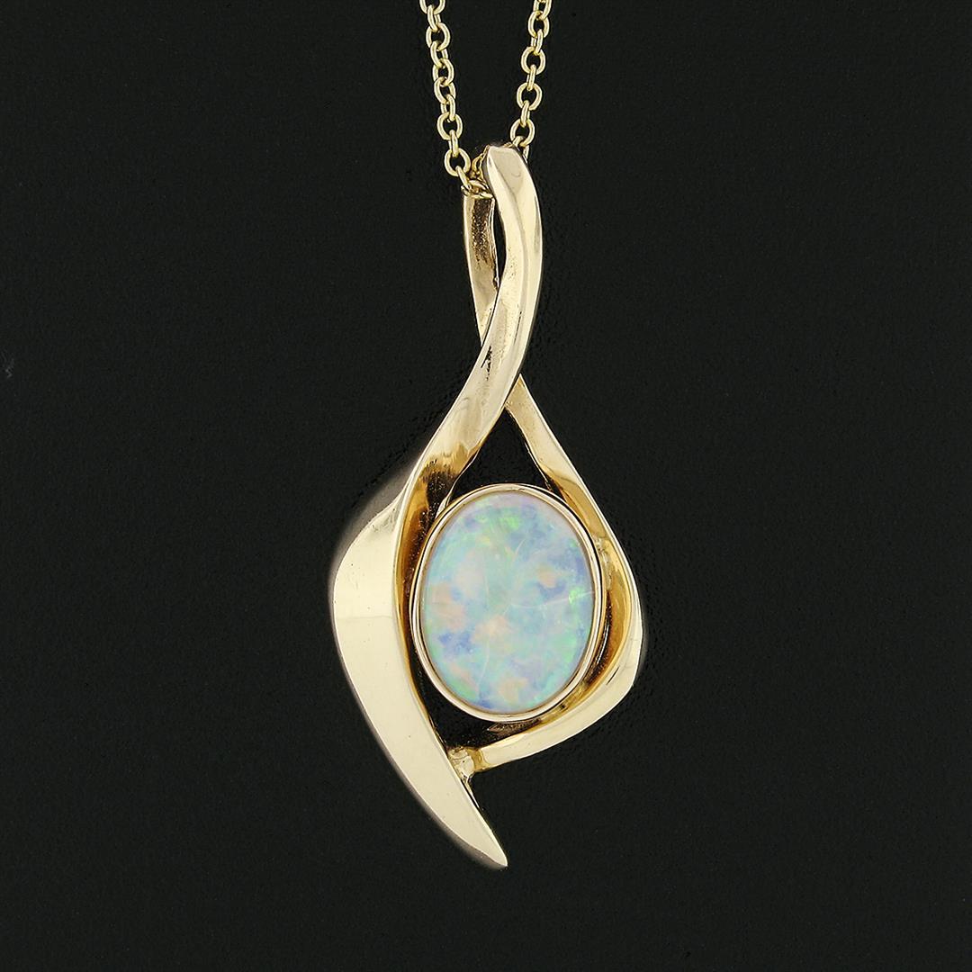 Estate 14k Gold Oval Cabochon Bezel Australian Opal Solitaire Pendant Necklace