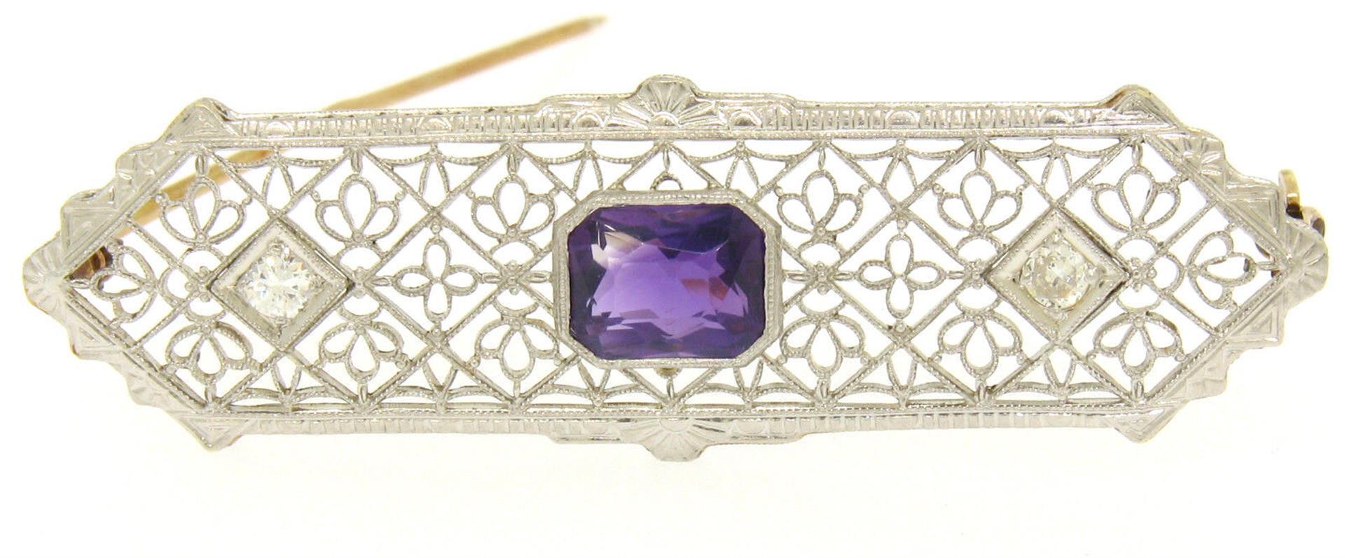 Antique Art Deco 14k Two Tone Gold Amethyst & Old Diamond Etched Filigree Brooch