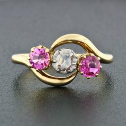 Antique Victorian 18K Gold 1.18 ctw Diamond & European Pink Sapphire 3 Stone Rin