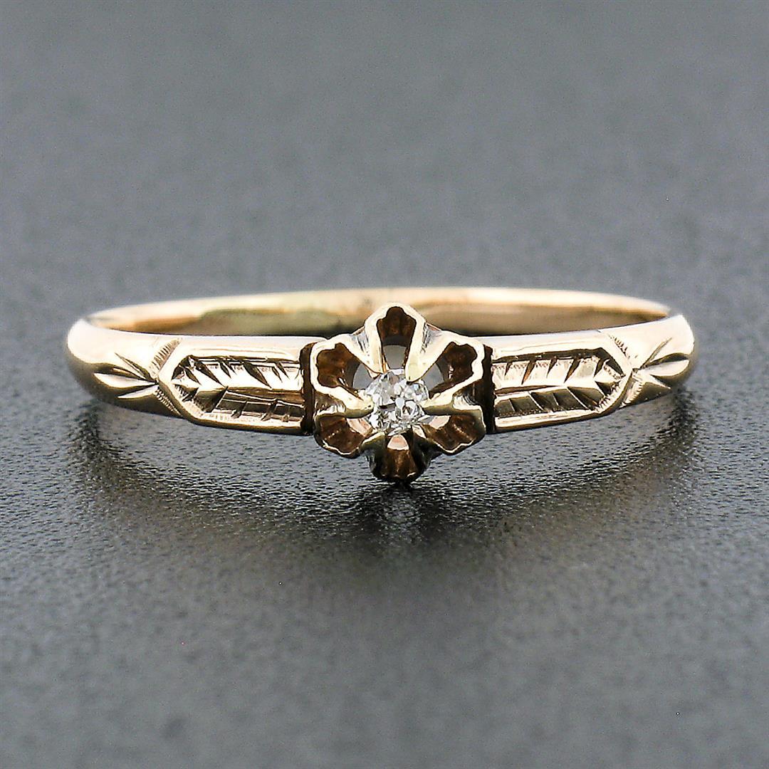 Petite Antique 14K Gold Buttercup Prong Set Diamond Solitaire Hand Engraved Ring