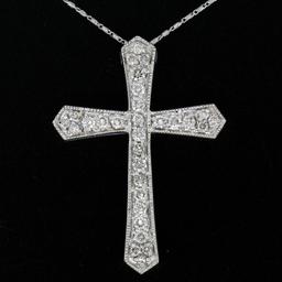 Large 14k White Gold 1.18 ctw Round Diamond Cross Pendant w/ 18" Fancy Link Chai