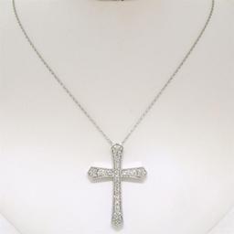 Large 14k White Gold 1.18 ctw Round Diamond Cross Pendant w/ 18" Fancy Link Chai