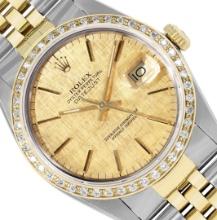 Rolex Mens 2 Tone Champagne Linen Dial Diamond Bezel Datejust Wristwatch