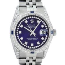 Rolex Mens Stainless Steel Blue String Diamond Lugs And Sapphire Datejust Wristw