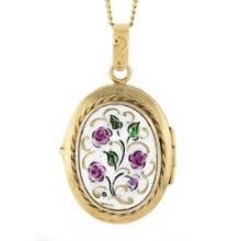 Vintage 14k Yellow Gold Hand Painted Enamel Flower Oval Locket Pendant & Chain