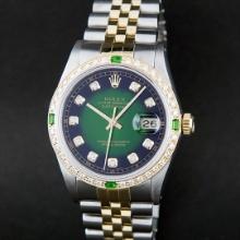 Rolex Mens 2 Tone Green Vignette Diamond Datejust Wristwatch 36MM