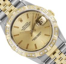 Rolex Mens Two Tone Champagne Index Dial 18K Yellow Gold Pyramid Diamond Bezel W