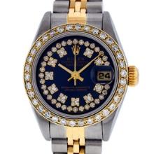 Rolex Ladies Two Tone Sapphire Quickset Blue String Diamond Datejust Wristwatch