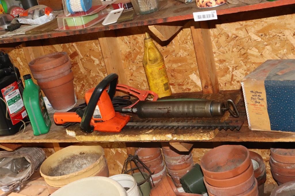 Contents of Garden Shed to include Long Handled, Tools, Flower Pots, Lawn Chair, Any other unsold