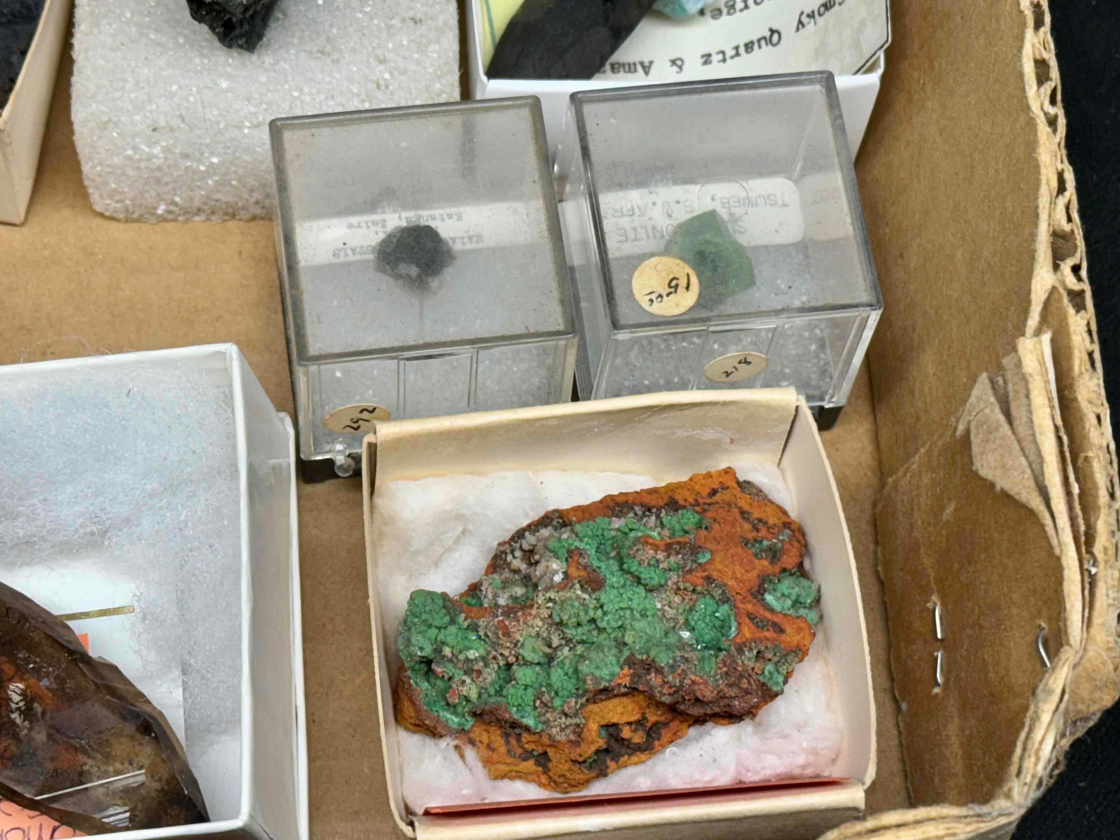 Flat of Assorted mineral specimens. Baryte, Calcite, Smoky Quartz, Diopsite more