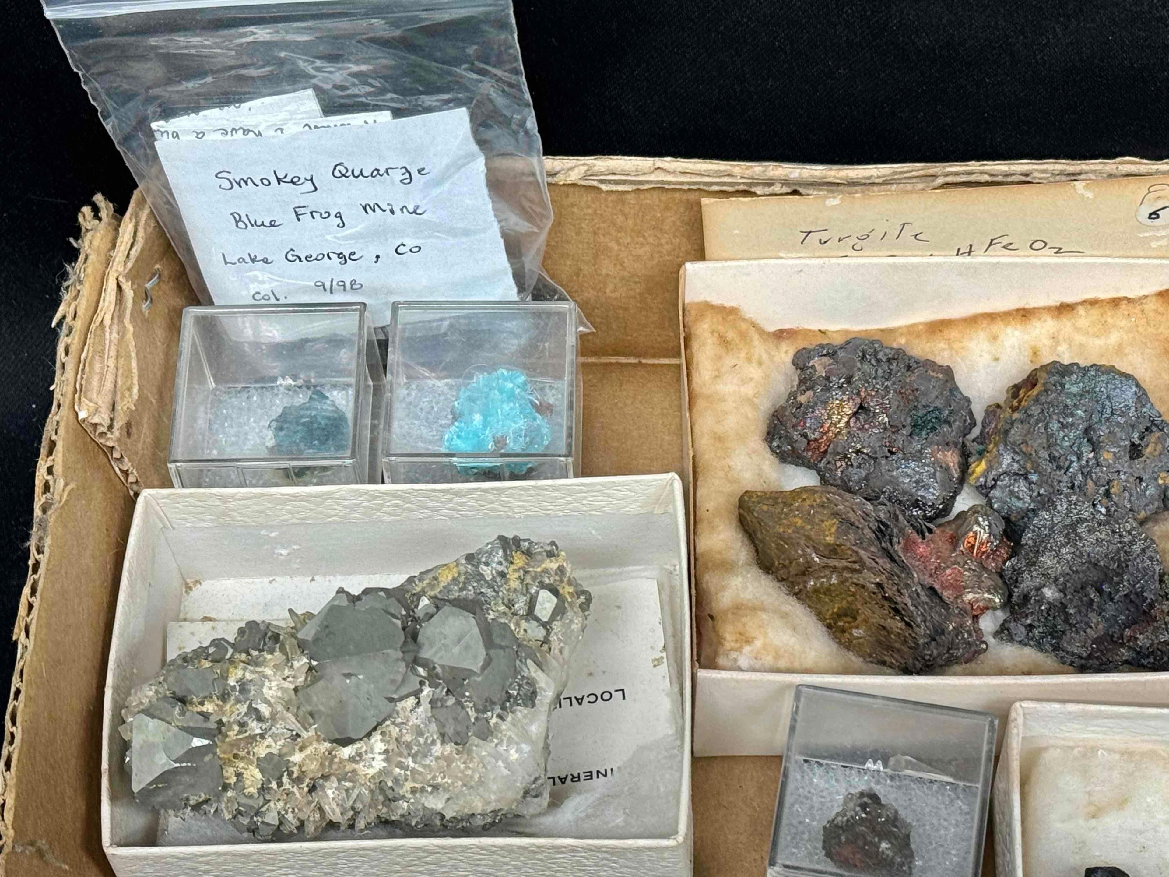 Flat of Assorted mineral specimens. Baryte, Calcite, Smoky Quartz, Diopsite more