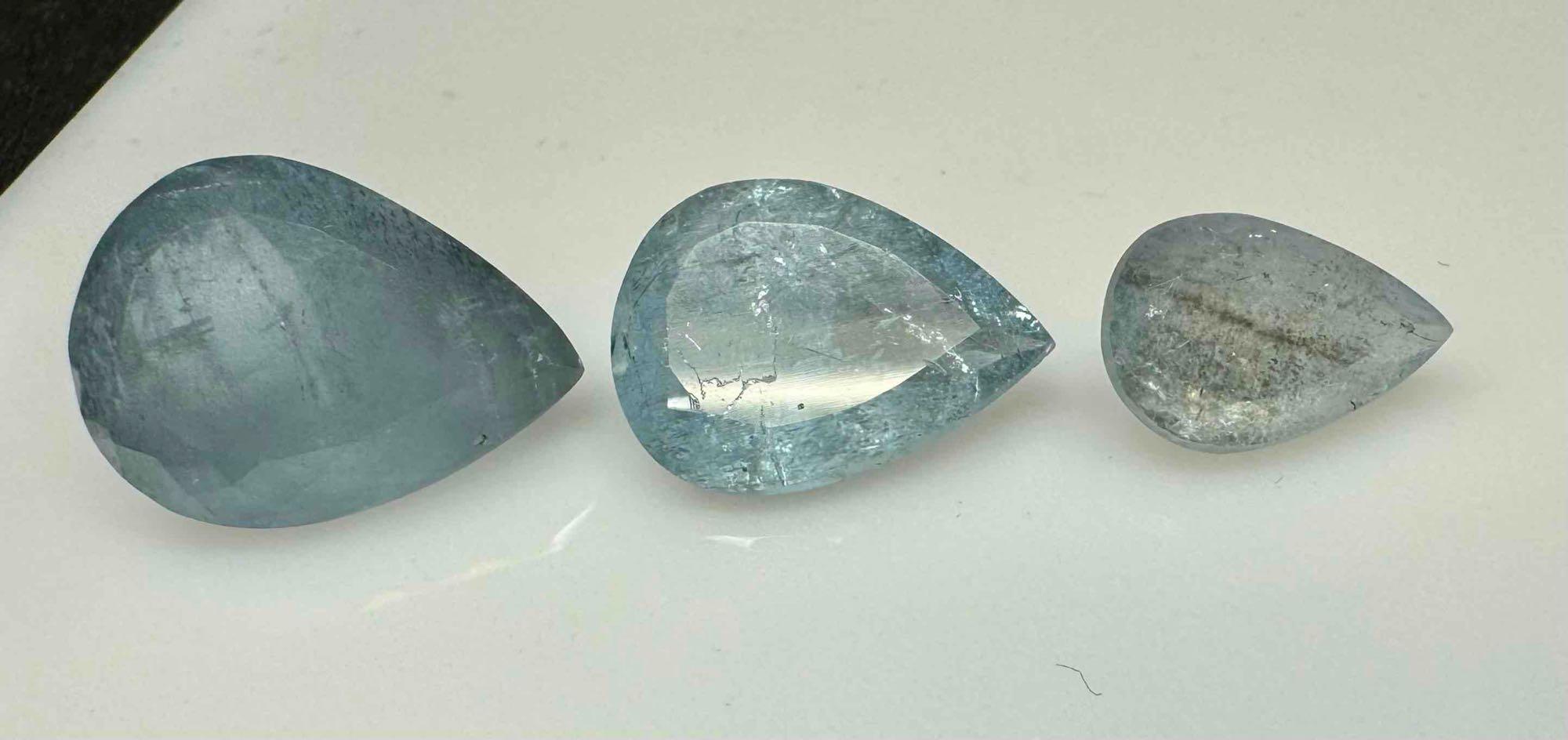 3 Aquamarine Pear Cut Gemstones 21.3ct Total