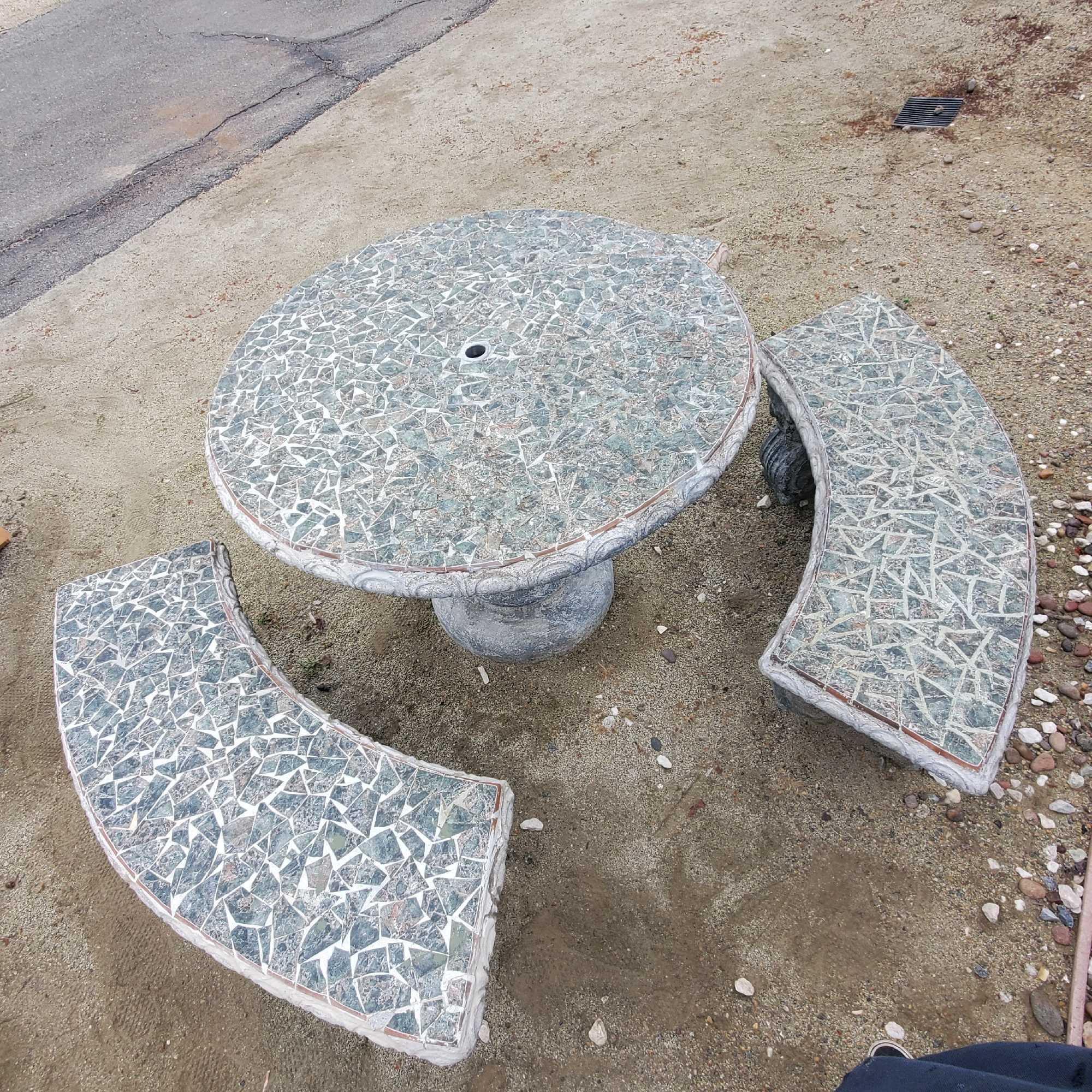 Cement mosaic stone outdoor table and three benches @ farm