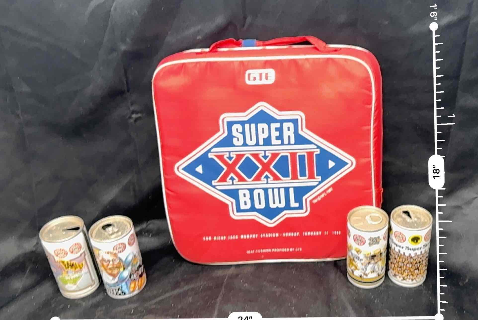 San Diego Super Bowl XXII Seat Pad and Collectible Football Cans