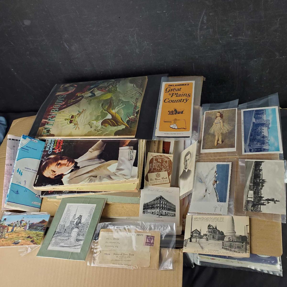 Box misc. vintage sheet music books postcards photos brochures menus ephemera more