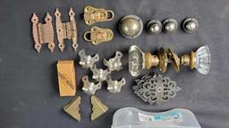 Small bin mostly vintage furniture knobs metal decals hinges door handle more Hill