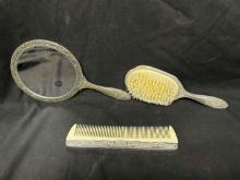 Silver Plated Mirror, Comb and Hair Brush