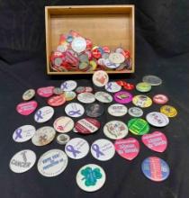 Box Full of Assorted Buttons Pins