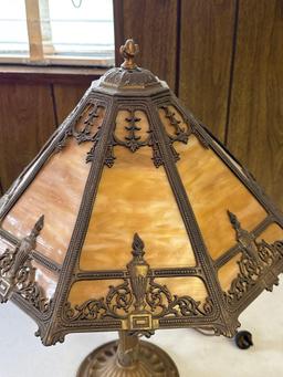 Vintage Lamp with Slag Glass Shade & Brass Base