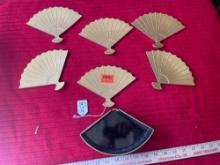 Vintage Plastic Oriental Fan Blade Coasters and Coaster Holder