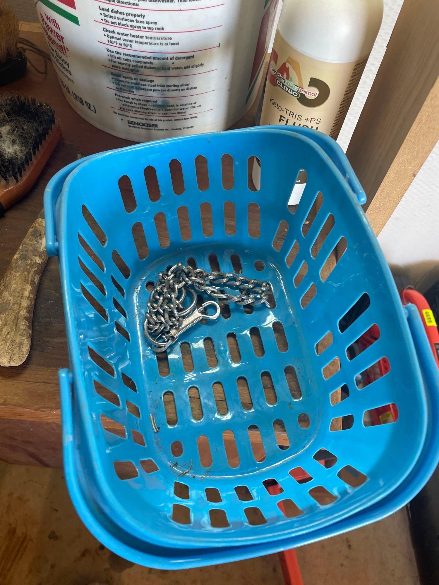 bucket and basket with contents