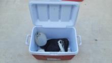 rubbermaid cooler with lamp, assorted goods