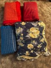 floral comforter and 3 throw blankets SBC