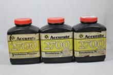 Three bottles of Accurate 2700 reloading powder. One partial and two unopened. Will not ship,