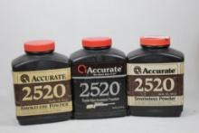 Three bottles of Accurate 2520 reloading powder. One partial and two unopened. Will not ship,
