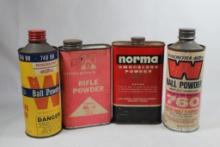 Four cans of reloading powder. One Norma H-450, unopened, one partial Hodgdon BL-C and two partial