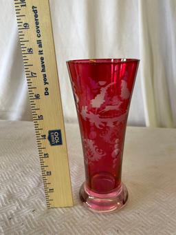 Etched Ruby Glass Vase
