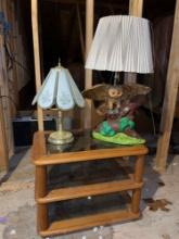 Vintage Owl Lamp, Glass Shade Lamp and Side Table