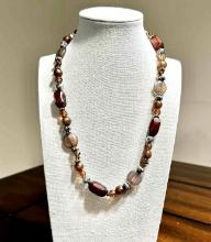 Vintage Amber Like Colored Resin Beaded Necklace with Antique Metal Spacers