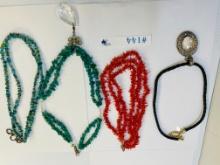 4PC CORAL TURQUOISE AND LEATHER NECKLACES
