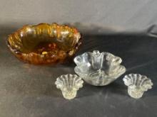 Large Amber glass bowl w/ (2) clear glass candle holders & 4-leaf clover bowl