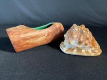 Ceramic brown swirl grain planter & medium conch shell