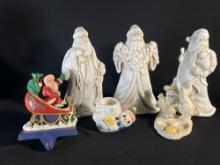 Rustic Ceramic Santa set-3, Stocking Hanger & two candle holders