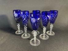 Bohemian Cut To Clear Cobalt Blue Crystal Champagne Flutes Set-6