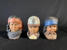 Hand painted Navaho girl, Sioux boy & Apache boy heads signed by "Gigi"