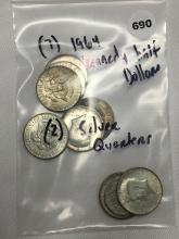 (7) 1964 Kennedy Half Dollars, (2) Silver Quarters
